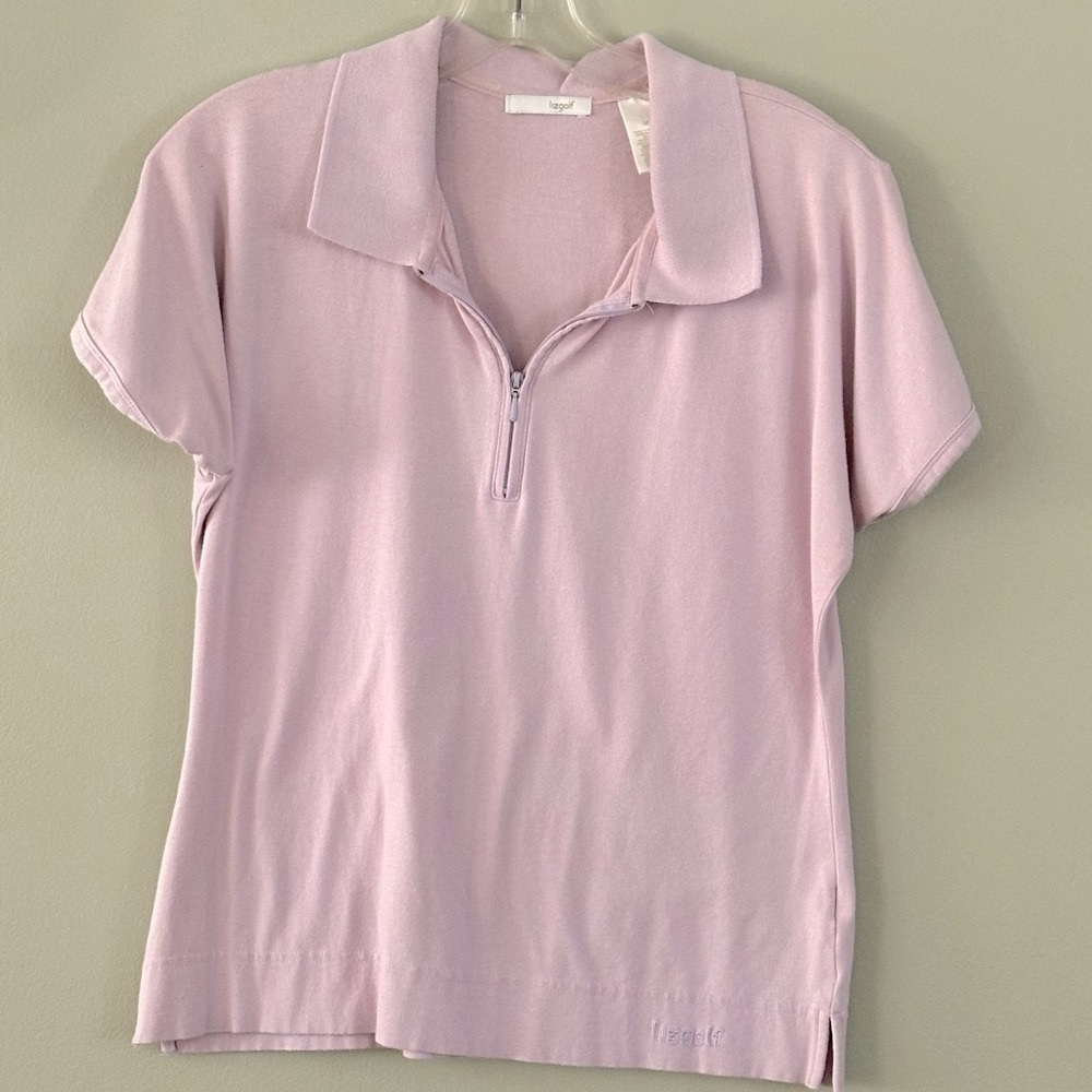 Vintage Lizgolf Short Sleeve Collared Shirt Zipper Front Lilac Pastel Size M